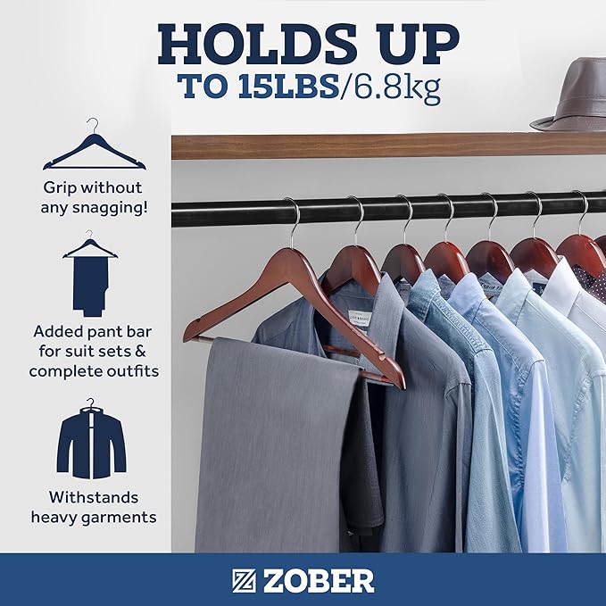 ZOBER Wooden Hangers - Heavy Duty, Non Slip Wood Hangers for Coats, Jackets, Suits, & Pants - Coat Hangers for Closet W/Bar and Notches 20 Pack