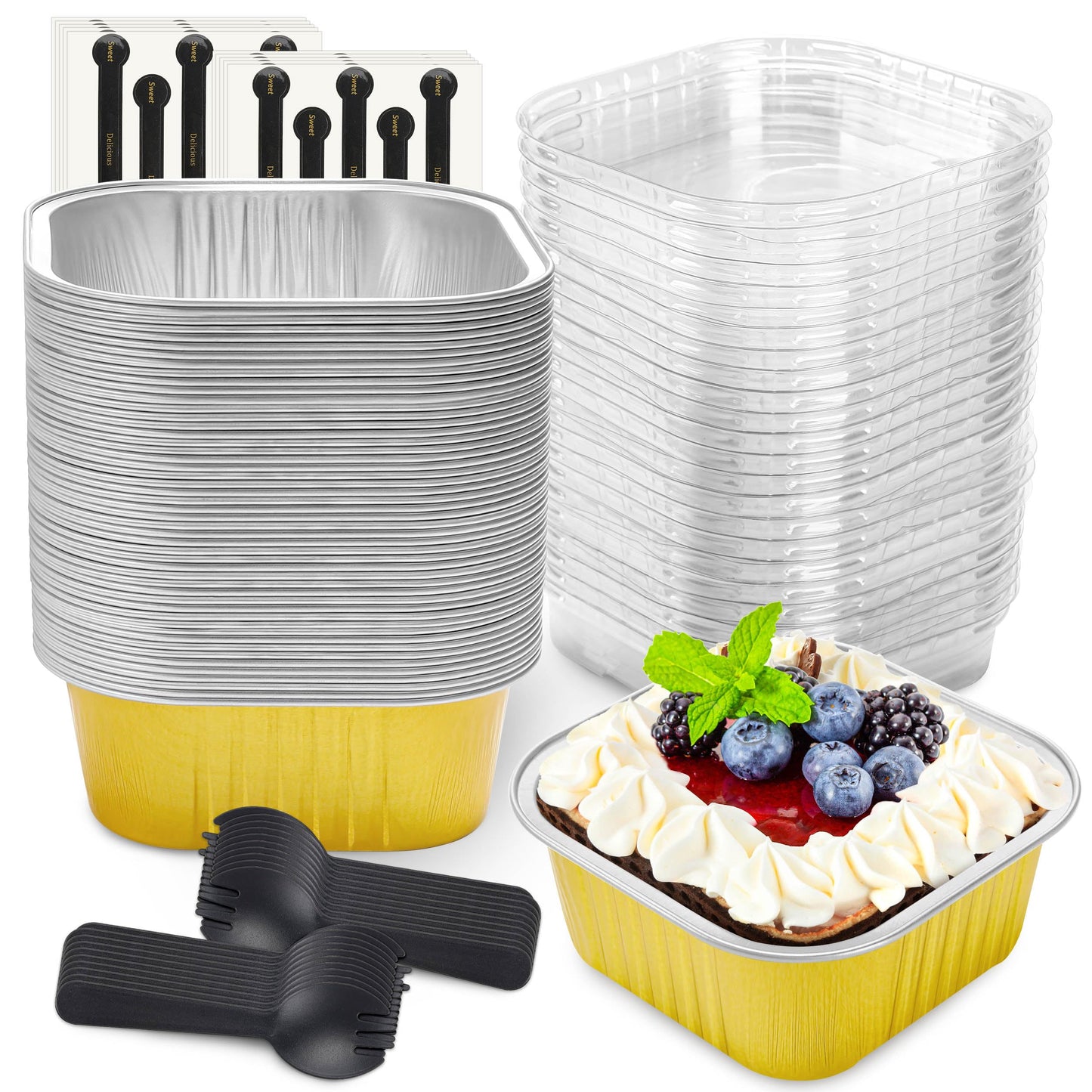 NPLUX Mini Cake Pans with Lids, 50 Pack Pink 5oz for Picnic Desserts