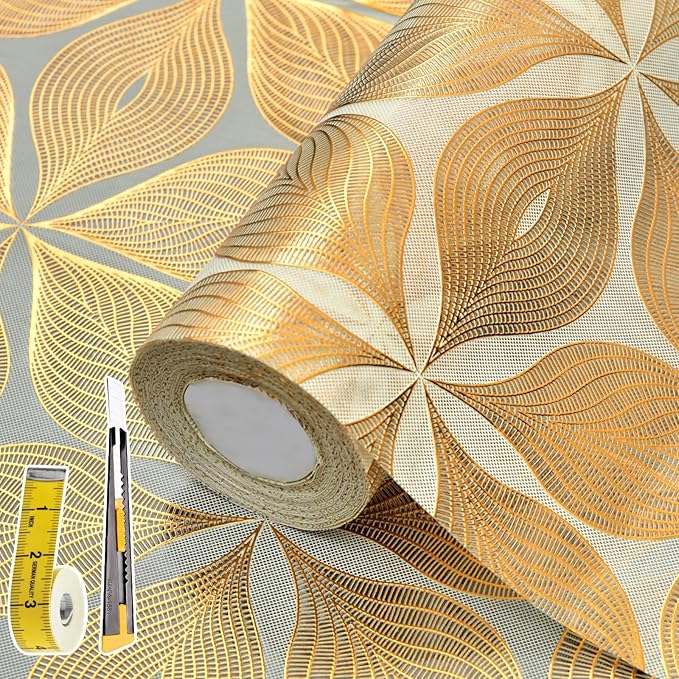 Drawer and Shelf Liner for Kitchen Cabinet: 23.6 in X 20 Ft Waterproof Shelf Paper Non Adhesive Refrigerator Liners Golden Leaf Easy Liners for Bathroom with Knife Tape Measure