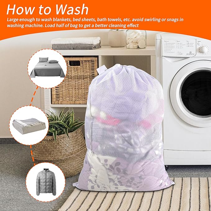 Polecasa Extra Heavy Duty Large Diamond Mesh Laundry Bags with Drawstring Closure & ID Tag, 24 x 36 inches Washable Storage Bag for College, Travel, Sports, Dorms, White