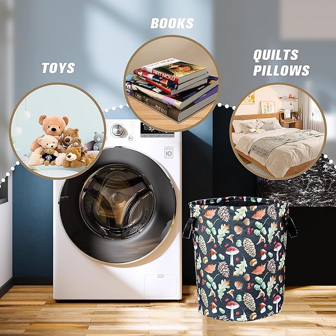 Vintage Mushrooms Laundry Basket Forest Plants Foldable Oxford Cloth Funny Tote Bag Laundry Hamper Clothes Storage Bucket Organizer For Bathroom/Laundry Storage/Bedroom 17.7x13.7 Inch