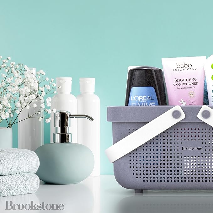 Brookstone BKH1633, Large Portable Shower Caddy with Soft Silicone Carrying Handle, Bathroom Organizer Basket, Plastic Bath Tote, Dries Quickly with Drainage Holes [BPA Free], Gray