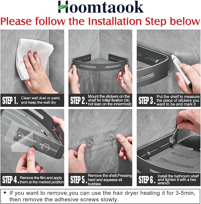 Hoomtaook 2-Tier Corner Shower Shelf No Drilling Bathroom Shelves Shower Caddies Adhesive Bath Corner Shelf Wall Mounted Bathroom Shower Caddy Organizer - Dark Grey