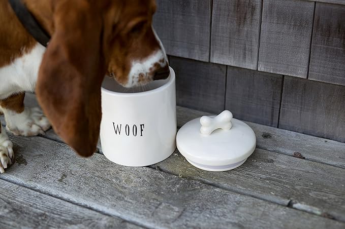 Creative Co-Op Ceramic Dog Treat Jar with Woof Message and Bone Handle Lid, White and Black