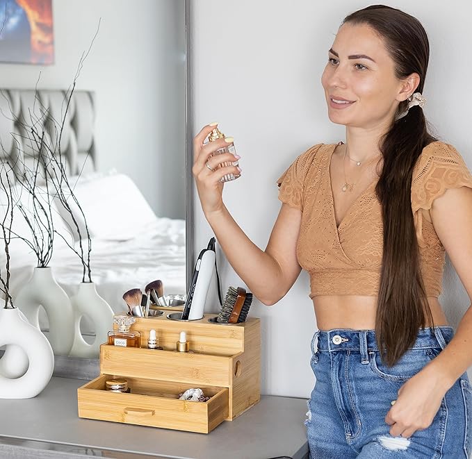 Hair Tool Organizer- Bamboo, Blow Dryer Holder, Bathroom Countertop, Vanity Caddy Storage Stand for Accessories, Makeup, Toiletries