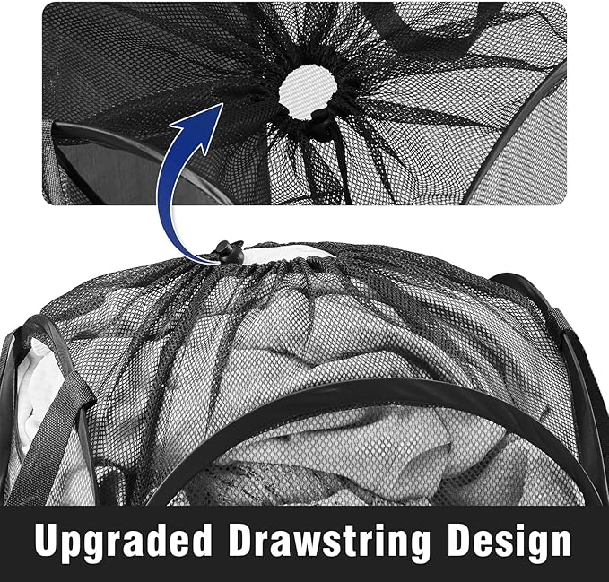 TECHMILLY Collapsible Mesh Pop Up Laundry Hamper with Sturdy Handles and Side Pocket - Portable Foldable Clothes Baskets for Dorm, Bathroom & Travel Storage (with Drawstring, Black)