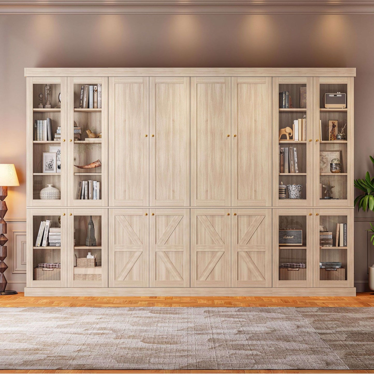 ivaniti 70.8" Tall Bookshelf with Doors, Farmhouse Modular Bookcase with 4-Tier Adjustable Shelves, Large Storage Cabinet for Home Office, Living Room, Brown, Set of 2