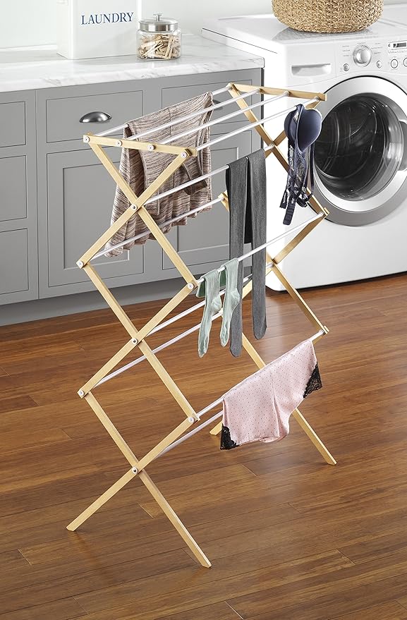 Whitmor Foldable Clothes Drying Rack: 3 Tier Laundry Drying Rack, Collapsible Drying Rack Clothing, Portable Space Saving Clothing Rack for Indoor Outdoor, 17.0“ L x 29.5” W x 43.5“ H, Wood