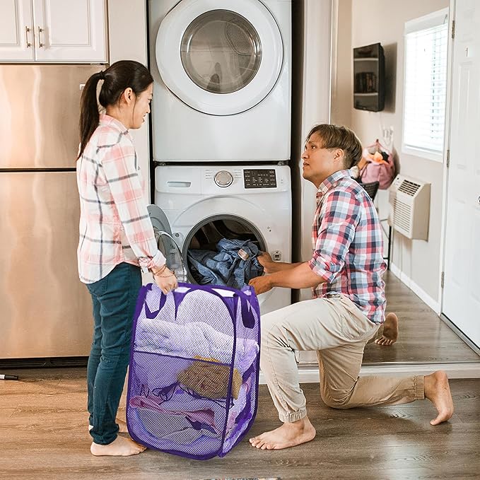 Collapsible Pop Up Laundry Hamper, Extra Large Mesh Foldable Laundry Basket, 28" x 16" x 16"(Purple)