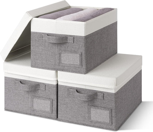 GRANNY SAYS Storage Bins with Lids, Collapsibe Clothes Organizers and Storage, Storage Baskets for Shelves, Decorative Storage Boxes with Lids, 3-Pack, Gray&Ivory