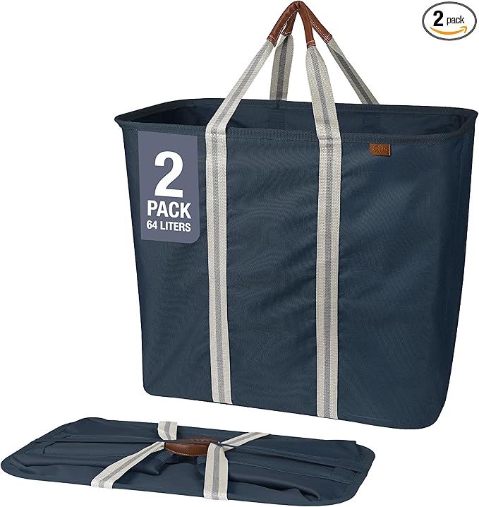 CleverMade Collapsible Laundry Caddy – Foldable Laundry Hamper & Tote, XXL 64L Pop-Up Laundry Basket with Handles, Space-Saving Laundry Organizer for Home & Travel, 2 Pack - LUXE Navy Noir