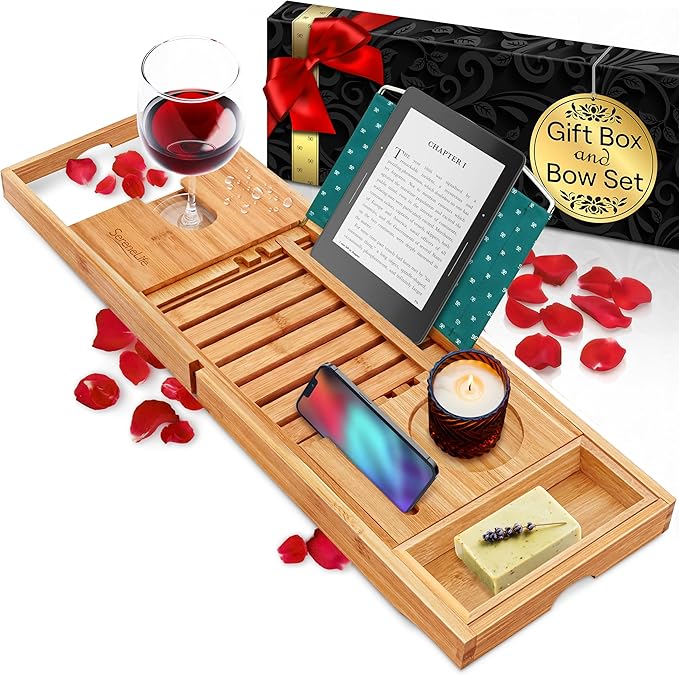 SereneLife Premium Bathtub Tray Caddy with Gift Box and Bow Set, Expandable Bath Tray, Unique House Warming Gifts for Mom, Women, Wedding, Anniversary, Bridal Shower, Fit for All Tub - Classic