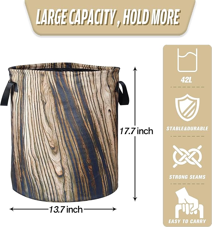 Wood Grain Laundry Basket Tree Stump Texture Foldable Oxford Cloth Funny Tote Bag Laundry Hamper Clothes Storage Bucket Organizer For Bathroom/Laundry Storage/Bedroom 17.7x13.7 Inch