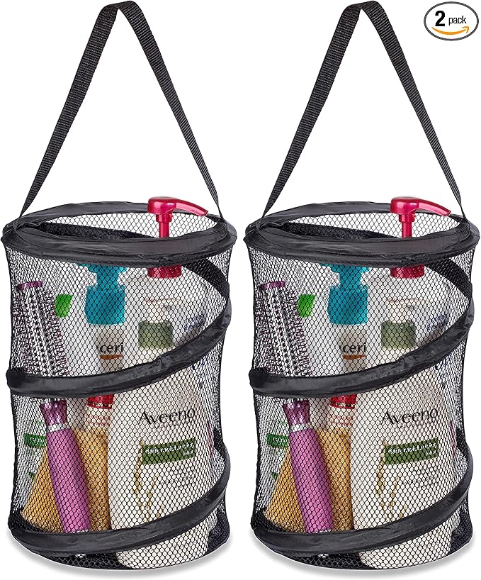 Handy Laundry Foldable Shower Caddy - Collapsible, Portable, Drainage Hole, Carry Handle, Large Compartments, Great Organizer for Camp, Travel, Gym, and Dorm (Black) (Pack of 2)