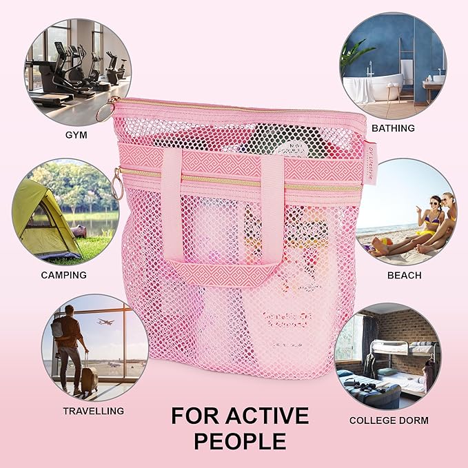 Mesh Shower Bag 10.2x9.9'' Quick-Dry Caddy with Zipper & 2 Pockets. Portable Toiletry Tote for Bathroom, Gym, Travel, Camp, Beach, for Sunscreen, Dorm & College Essentials (Pink)