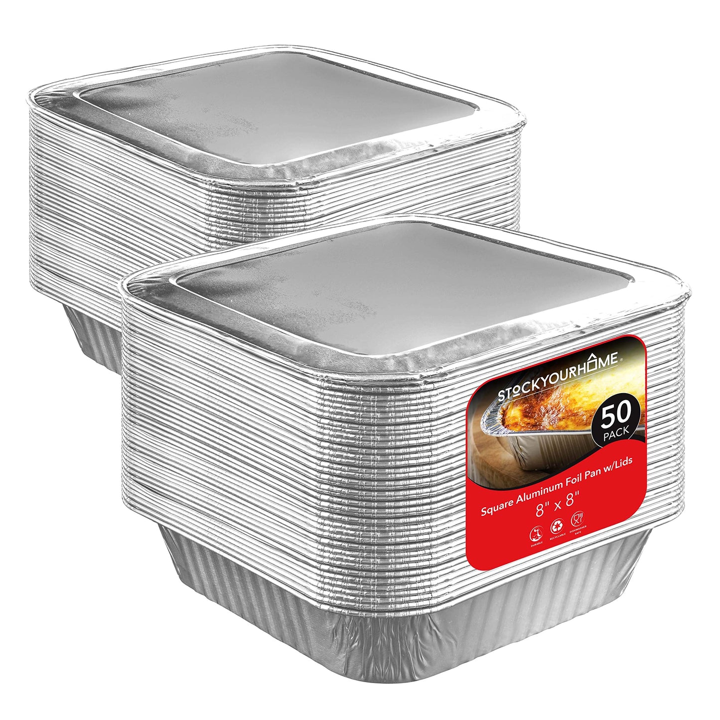 Stock Your Home 8x8 Foil Pans (50 Pack) 8 Inch Square Aluminum Pans - Foil Pans - Disposable Food Containers Great for Baking Cake, Cooking, Heating, Storing, Prepping Food