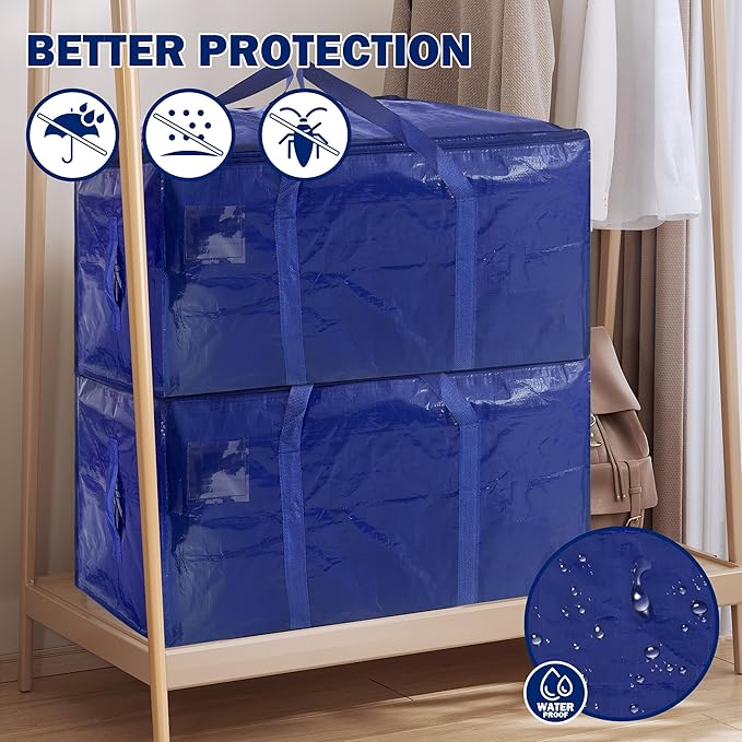 4 Pack Extra Heavy Duty Large Moving Bags with Strong Zipper & Carrying Handles, Sturdy Clothes Storage Bag Totes Bins, Packing Bags Moving Boxes College Moving Supplies, Dark Blue - 40 gal