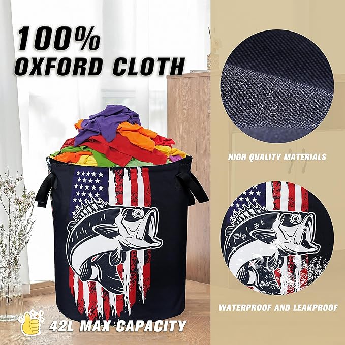 American Flag Bass Fish Laundry Basket Bass Fishing Foldable Oxford Cloth Funny Tote Bag Laundry Hamper Clothes Storage Bucket Organizer For Bathroom/Laundry Storage/Bedroom 17.7x13.7