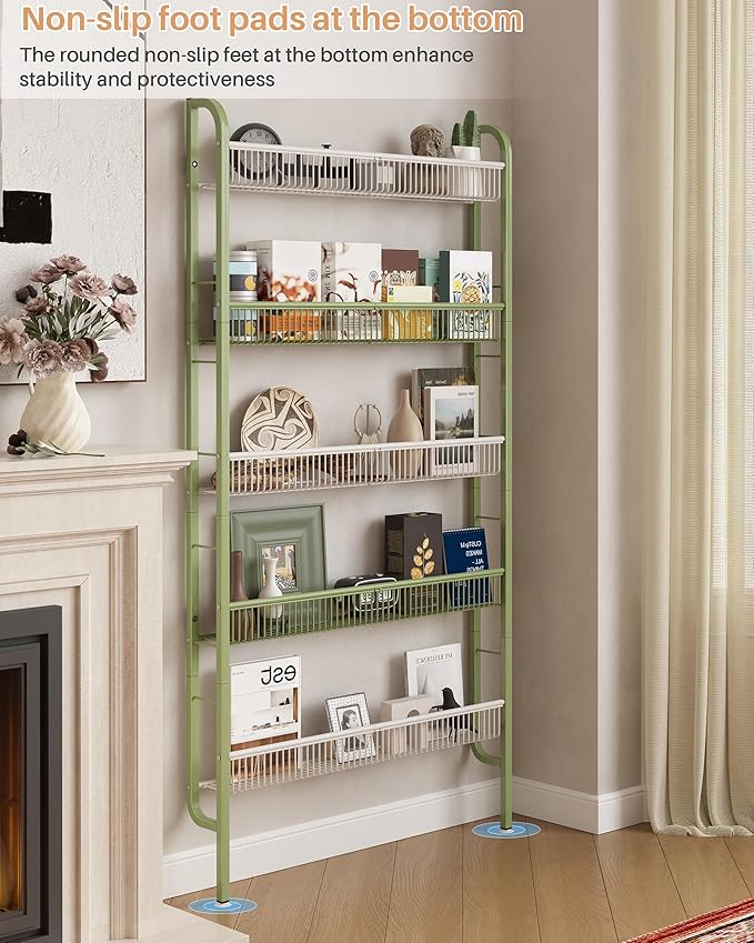 UMDONX Behind The Door Bathroom Shelf Narrow 5-Tier, Space-Saving Slim Storage Shelf Narrow Shelving Unit for Bathroom and Kitchen White