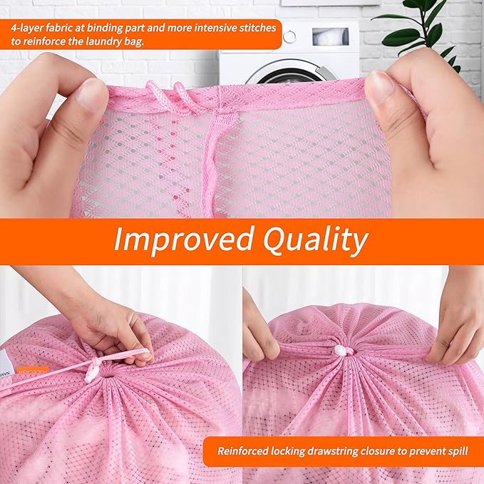 Polecasa Heavy Duty Diamond Large Mesh Laundry Bag with ID Tag and Locking Drawstring Closure - 24 x 36 inches - Laundry Hamper Liner, Washable Laundry Bags for Travel, Sports, Dorms (Pink)