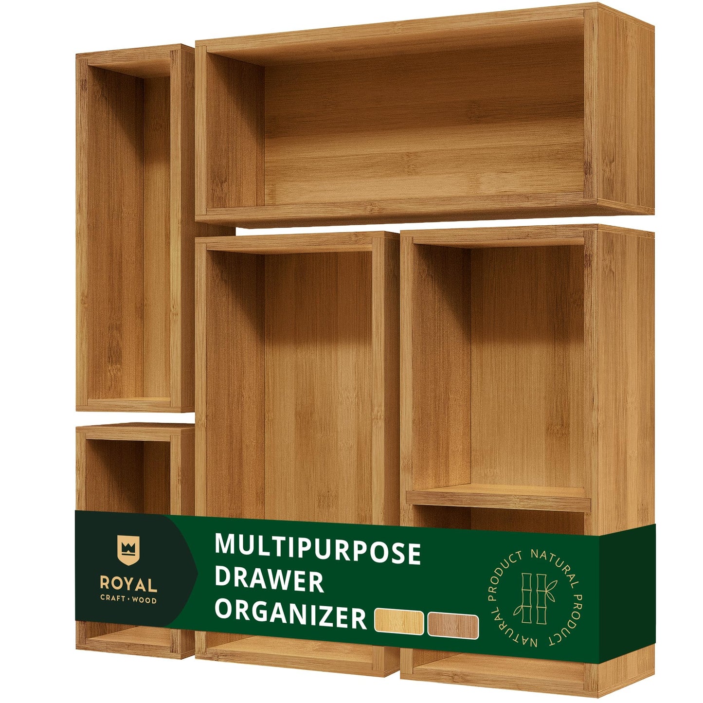 ROYAL CRAFT WOOD Premium Carbonized Bamboo Decorative Boxes - Drawer Organizer Set (5-Piece) – Wood Storage Boxes for Kitchen, Bathroom, Office & Makeup