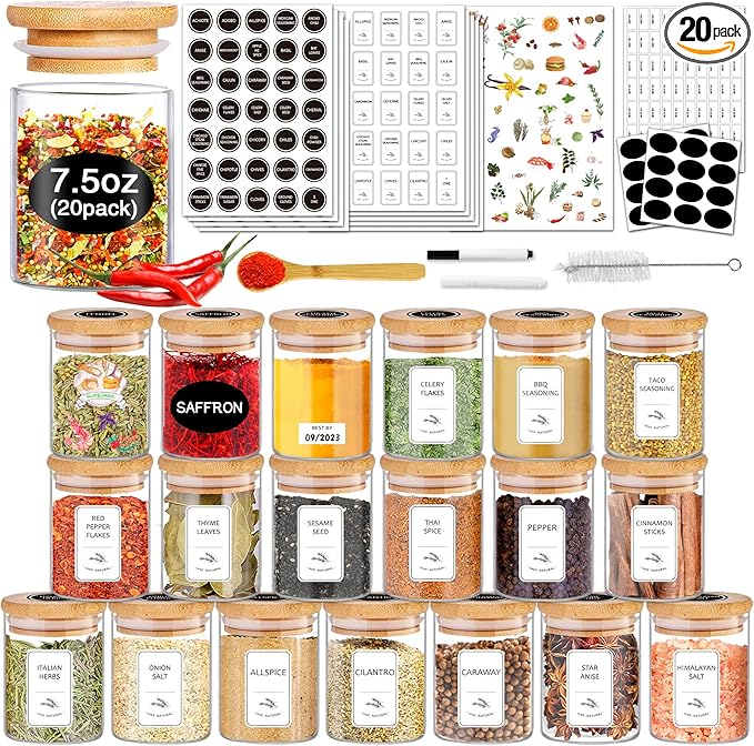SLifeJars - Glass Jars with Bamboo Lids 16 oz, 12pcs Glass Food Storage Jars with Rewritable Labels, Bamboo Lid Jar for Kitchen Storage, Food Storage Containers with Lids for Herbs