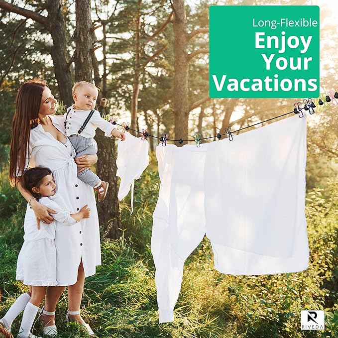 Portable Travel Clothesline with 12 Colorful Clips & Bag, Elastic RV & Camping Clothes Line for Indoor Laundry Drying Line & Outdoor Camping Accessories (Elastic)