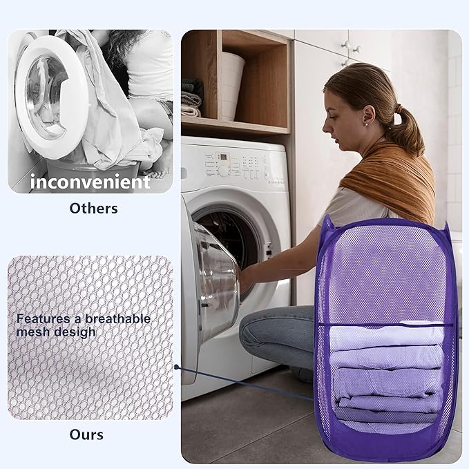 Pop Up Laundry Hamper, Mesh Laundry Basket Collapsible, Foldable Hamper for Travel and Storage (Purple)