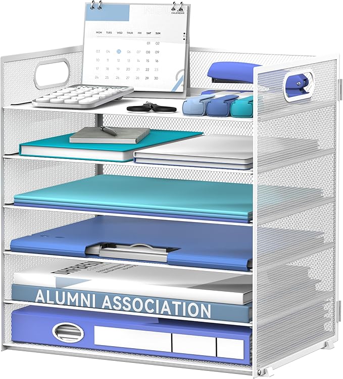 Daltack 6 Tier Paper Organizer for Desk, Paper Letter Tray Organizer for Desks, Mesh Desk File Organizers with Handle for Office, Home, School, White