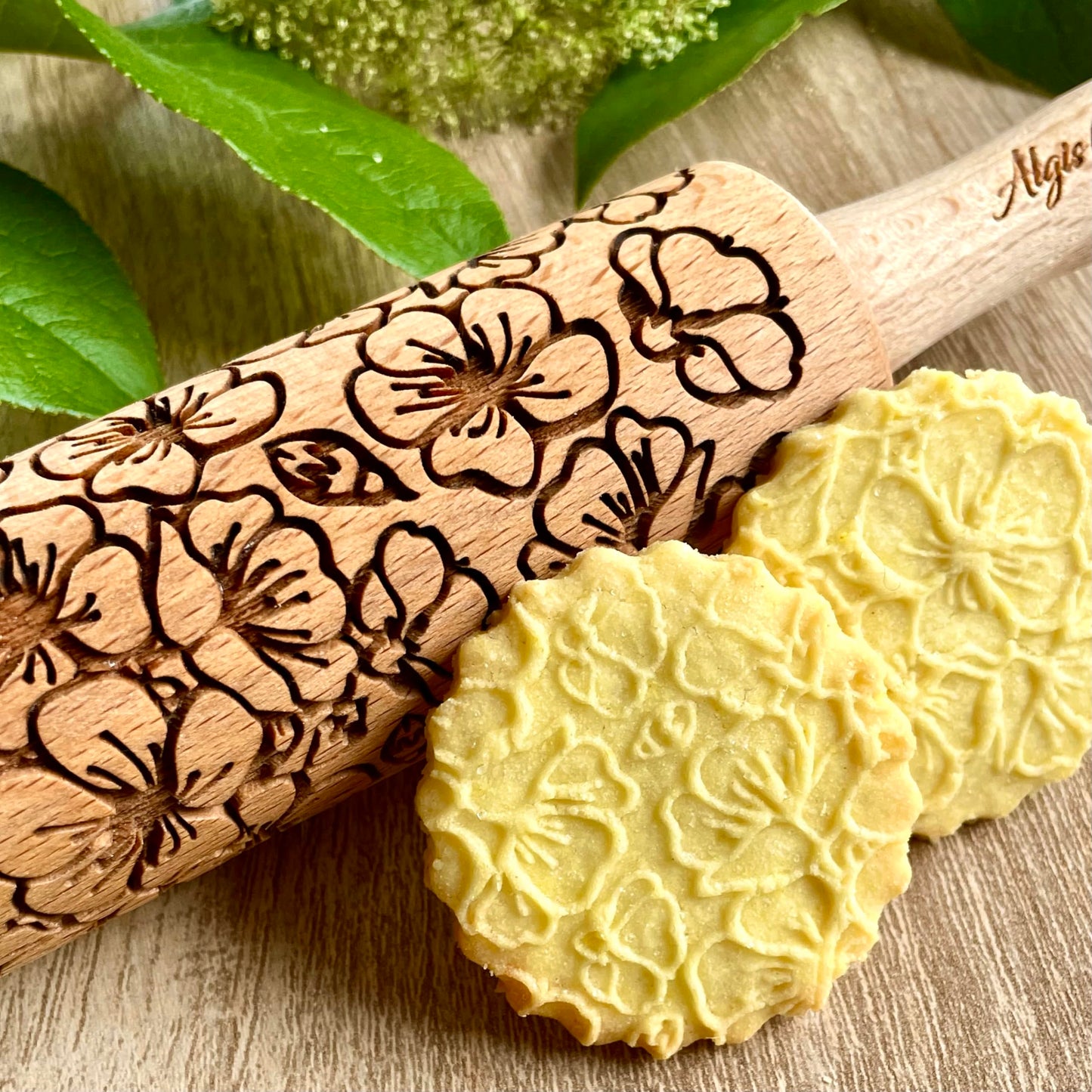 SEASONS 3 Mini Embossed Rolling Pin Set. Wooden Laser Cut Mini Rolling Pins for cookies or clay with spring flowers, tulips, daffodils, strawberries, raspberries, birch, trees by Algis Crafts