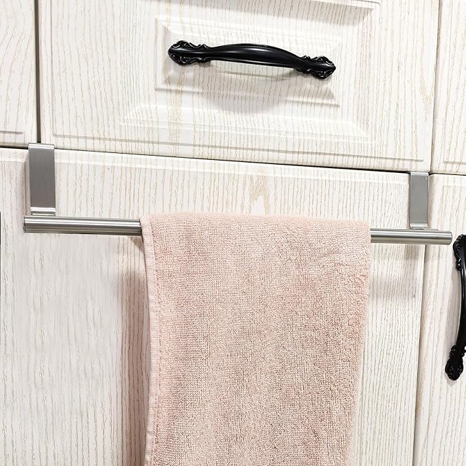 Mziart Kitchen Towel Holder, 2 Pack Over The Door Towel Rack, Over Cabinet Door Towel Bar Stainless Steel Dish Washcloth Hanger, EVA Foam Protective Pad & Non-Slip Self-Adhesive Blocks (9 Inch)