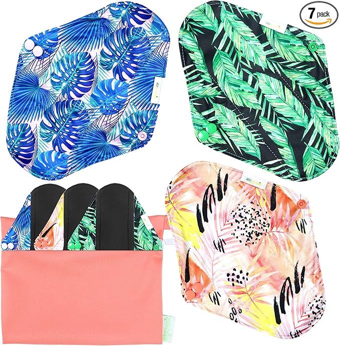 wegreeco Reusable Menstrual Pads - Reusable Sanitary Pads | Reusable Panty Liners | Soft Cloth Menstrual - 6 Pack with 1 Cloth Mini Wet Bag (Medium, Leaves