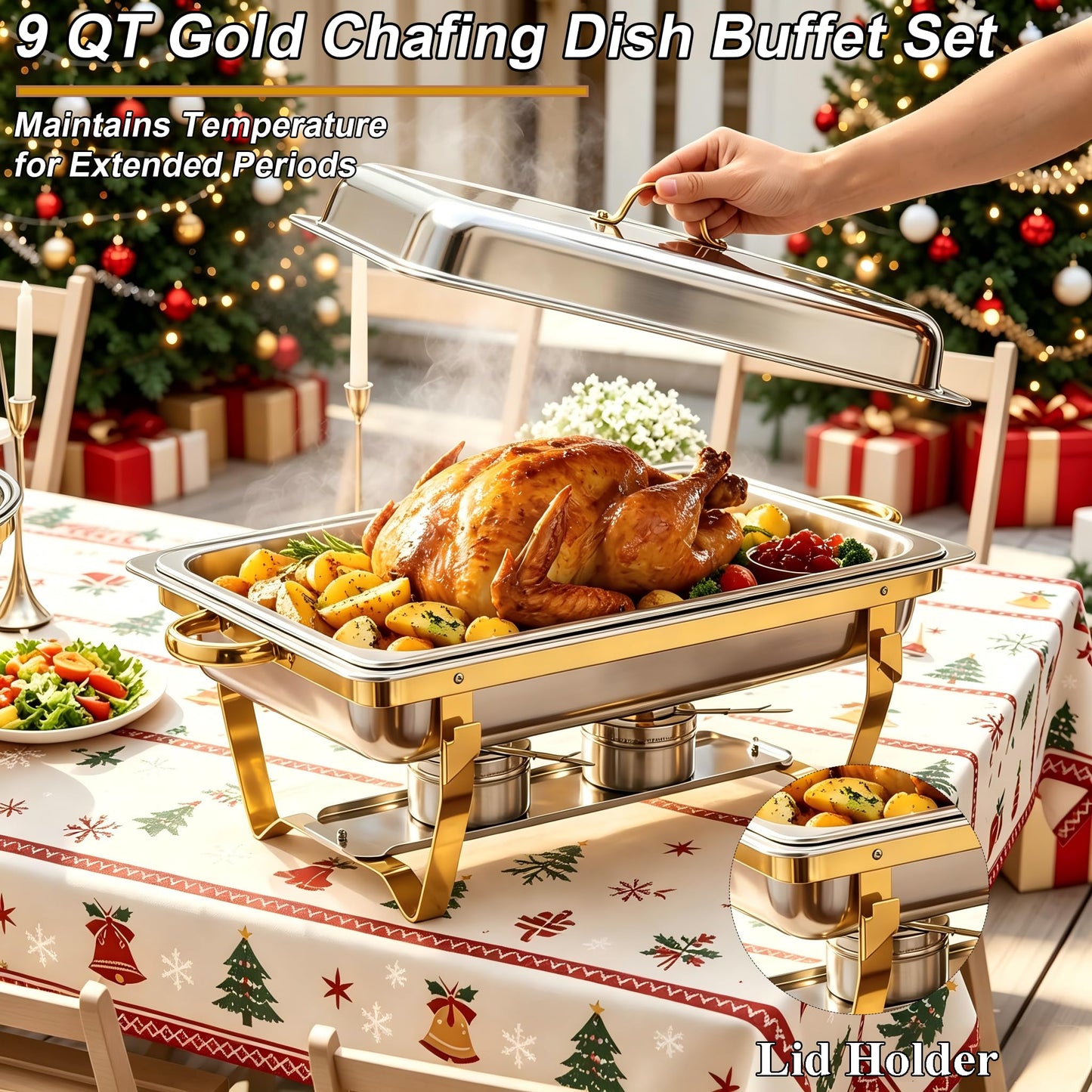 4 Pack Stainless Steel Chafing Dishes for Buffet, 9 QT Capacity 7 Pans Food Warmers for Parties, Weddings, Events Hosting, Family Gatherings, Full Set Catering Server with Serving Utensils Accessories