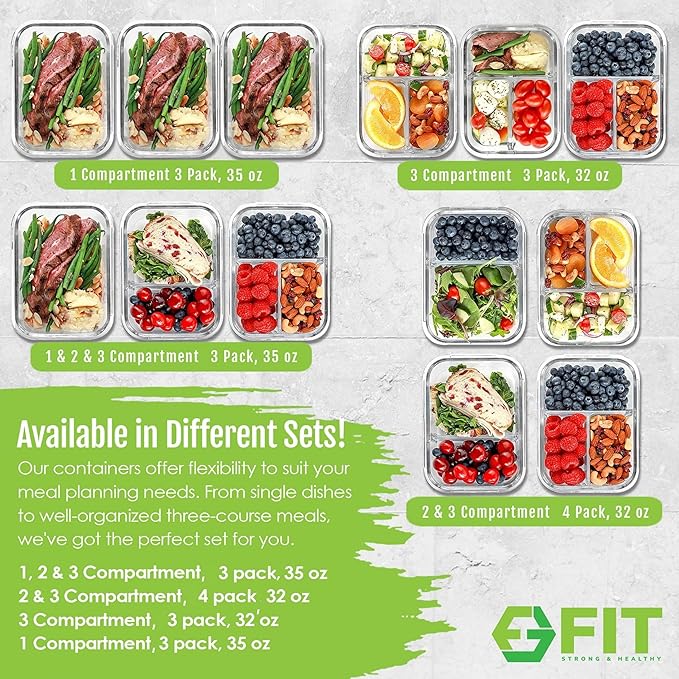 FIT Strong & Healthy Glass Meal Prep Containers, 1 & 2 & 3 Compartments – Adult Bento Box, Beige Food Storage Containers with Lids, Leak-Proof, Oven & Freezer Safe, 35 oz, 3 Pack Lunch Box