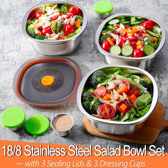 6-Piece Stainless Steel Salad Bowl Set, 3 Bowls (50 oz) & 3 Dressing Cups