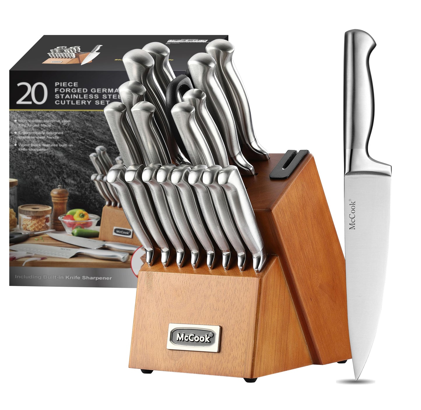 McCook® Kitchen Knife Sets, Golden Titanium Stainless Steel Knives Block Set with Built-in Sharpener, 20 Piece Knives, Restaurant Grade Sharp, Elegant Gold & Stylish Wooden Block for Modern Culinary
