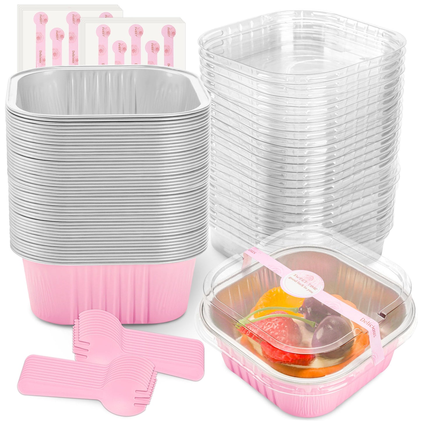 NPLUX Mini Cake Pans with Lids, 50 Pack Pink 5oz for Picnic Desserts