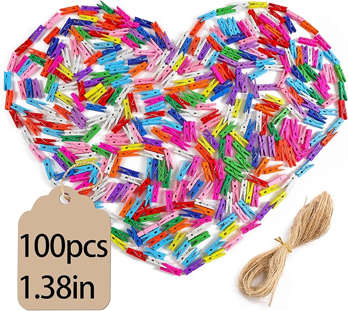 Mini Clothespins for Photos,100pcs Clothes Pins Wooden,Colorful Clothespins with Jute Twine, Small Clothes Pins Tiny Clothespins for Photos, Crafts, Pictures