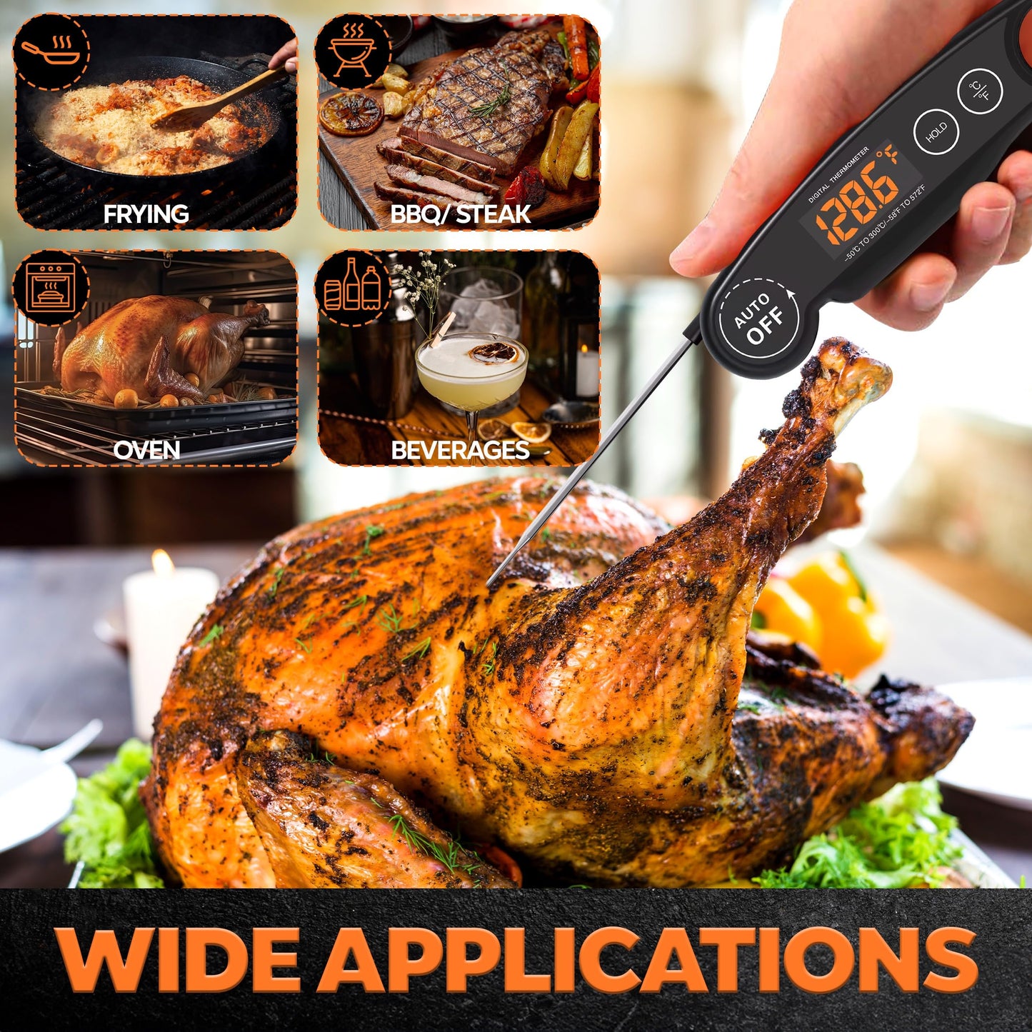 Instant Read Food Thermometer Rechargeable Meat Thermometer Digital Kitchen Thermometer - Fast & Accurate Food Thermometer for Cooking, Grill Thermometer, Birthday Gift for Husband, Dad, Men