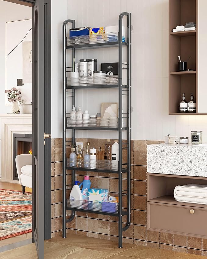 UMDONX Behind The Door Bathroom Shelf Narrow 5-Tier, Slim Space-Saving Storage Shelf, Freestanding Narrow Shelving Unit for Bathroom, Kitchen, Closet and Laundry Room Black