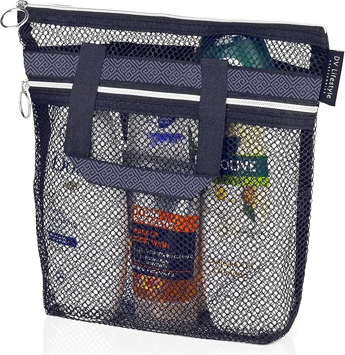 Mesh Shower Bag 10.2x9.9'' Quick-Dry Caddy with Zipper & 2 Pockets. Portable Toiletry Tote for Bathroom, Gym, Travel, Camp, Beach, for Sunscreen, Dorm & College Essentials (Black)
