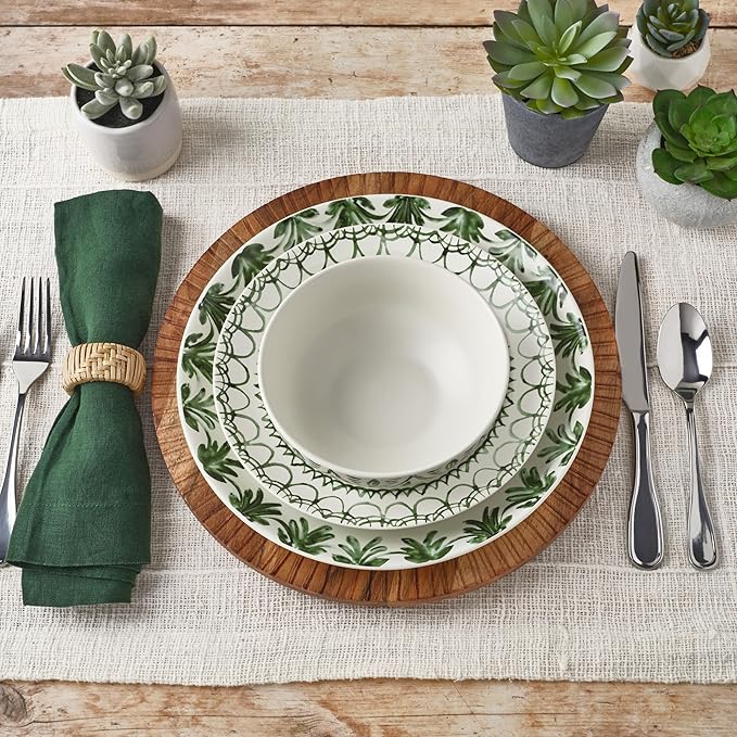 Fitz and Floyd Sicily Green 12-Piece Dinnerware Set - Stoneware Plates and Bowls Set for 4, Floral Green and White Dish Set, Microwave and Dishwasher Safe