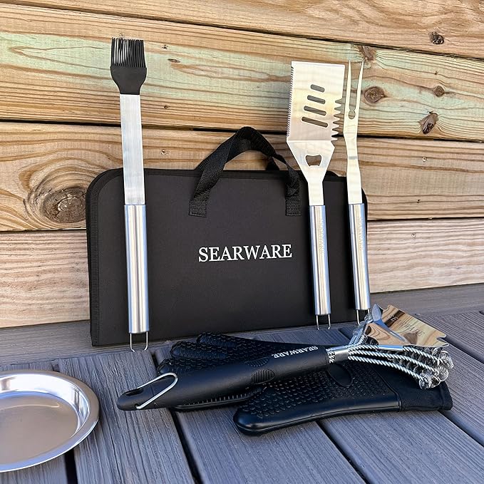 SEARWARE Barbecue Grill Tool Set - Stainless Steel - Strong Durable Design - Heat Resistant Glove & Bristle Free Grill Brush - Thermometer, Meat Injector, & Corn Skewers - Perfect For Smokers & Grills