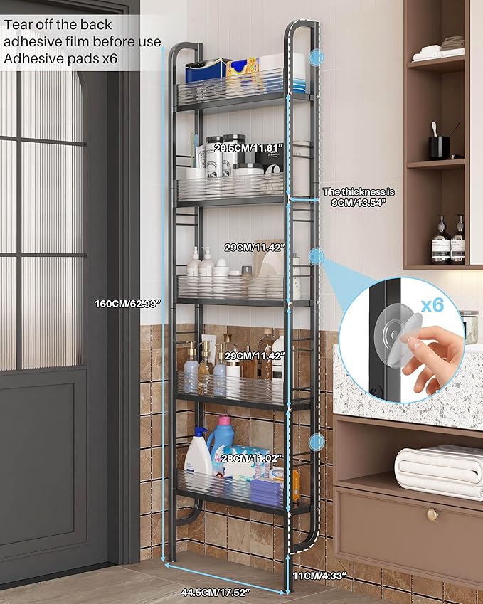 UMDONX Behind The Door Bathroom Shelf Narrow 5-Tier, Slim Space-Saving Storage Shelf, Freestanding Narrow Shelving Unit for Bathroom, Kitchen, Closet and Laundry Room Black