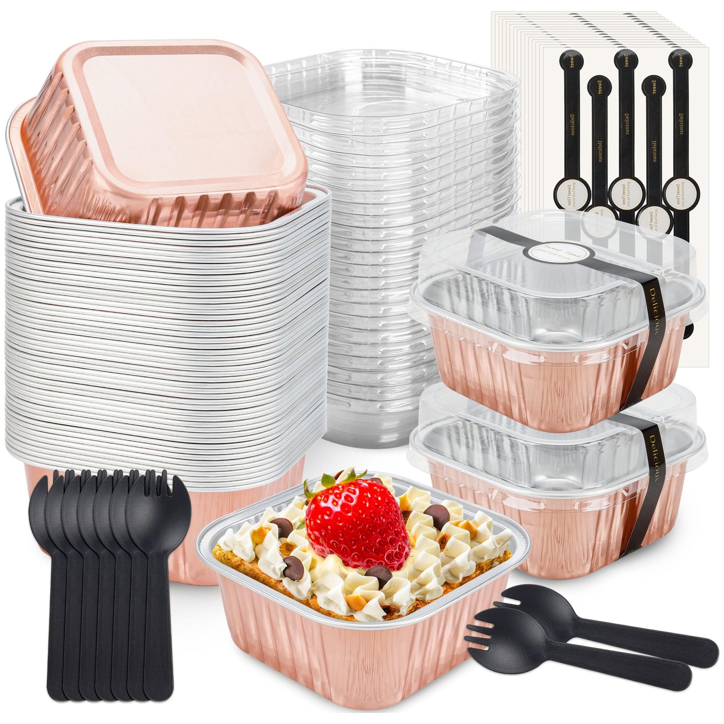 NPLUX Mini Cake Pans with Lids, 50 Pack Pink 5oz for Picnic Desserts