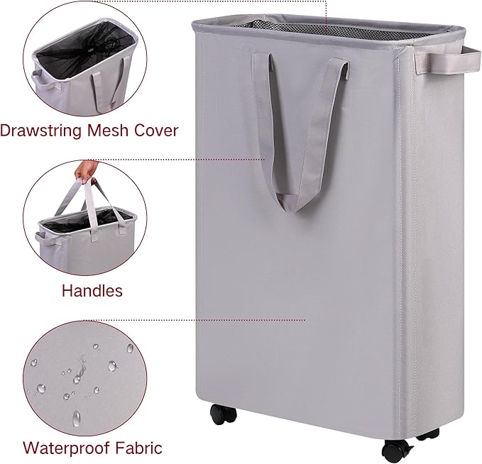 efluky Slim Laundry Hamper with Wheels, Rolling Laundry Basket for Clothes, Small Laundry Basket for Bedroom, Dorm and Laundry Room, 60L (12.7 Gallons) Grey