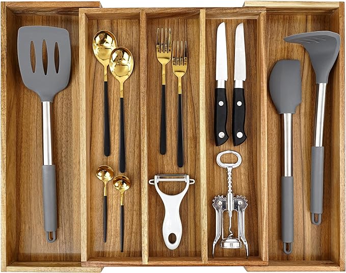 Luxury Acacia Kitchen Drawer Organizer - Silverware Organizer - Utensil Holder and Cutlery Tray with Grooved Drawer Dividers for Flatware and Kitchen Utensils (8 Slot), 17*12.4*2 inch