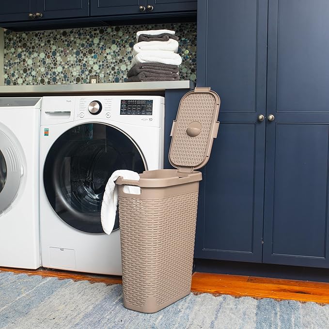 Mind Reader Slim Laundry Hamper with Lid, 40L Clothes Basket, Premium Wicker Design, Plastic, Tan
