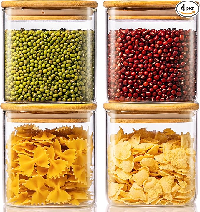 42 oz Square Glass Food Storage Containers with Airtight Bamboo Lids, 4Pack