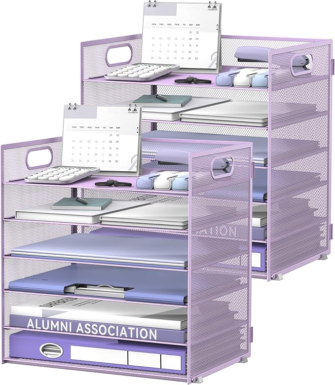 Daltack 6 Tier Paper Organizer for Desk, Paper Letter Tray Organizer for Desks, Mesh Desk File Organizers with Handle for Office, Home, School, Purple, 2 Pack
